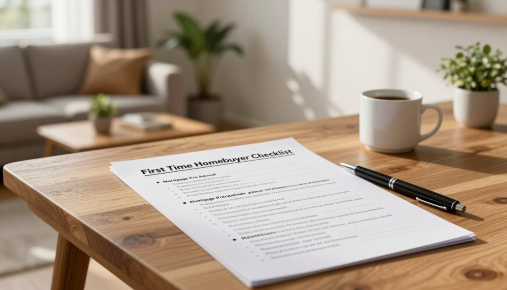 A beautifully arranged "First Time Home Buyer Checklist" laid out on a wooden table. In the foreground, the checklist features neatly written bullet points about mortgage pre-approval steps, printed on quality paper, with a pen resting beside it. In the middle, a cozy living room is softly lit, with a couch and a few houseplants in the background, suggesting a welcoming atmosphere. A warm, natural light filters through a window, creating gentle shadows that add depth. On a side table, a small potted plant and a coffee mug enhance the homey feel. The overall mood is one of optimism and readiness, perfect for first-time home buyers embarking on their journey.