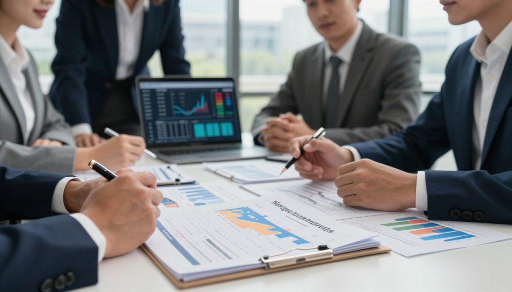 A close-up view of a diverse group of professional individuals in business attire, engaged in a discussion around a table covered with financial documents and charts. The foreground focuses on a well-organized stack of papers showing fluctuating mortgage interest rates, featuring graphs and key statistics. In the middle ground, a laptop displays a digital interface with dynamic interest rate indicators. The background showcases a modern office environment with large windows allowing natural light to flood in, creating a bright and professional atmosphere. The scene conveys a sense of collaboration and strategic financial planning, embodying the complexities of mortgage interest rates. The lighting is soft and warm, enhancing the inviting and knowledgeable mood of the setting. A close-up view of a diverse group of professional individuals in business attire, engaged in a discussion around a table covered with financial documents and charts. The foreground focuses on a well-organized stack of papers showing fluctuating mortgage interest rates, featuring graphs and key statistics. In the middle ground, a laptop displays a digital interface with dynamic interest rate indicators. The background showcases a modern office environment with large windows allowing natural light to flood in, creating a bright and professional atmosphere. The scene conveys a sense of collaboration and strategic financial planning, embodying the complexities of mortgage interest rates. The lighting is soft and warm, enhancing the inviting and knowledgeable mood of the setting.