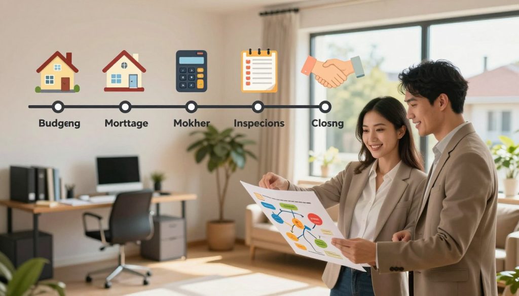 A detailed visual timeline illustrating the first home buying process. In the foreground, a professional couple in modest business attire stands together, examining a colorful flowchart that represents key steps: budgeting, mortgage applications, home searching, making an offer, inspections, and closing. The middle layer includes icons and symbolic images for each step, such as a house, calculator, checklist, and a handshake. In the background, a cozy office space with warm lighting creates an inviting atmosphere, with a window showing a sunny neighborhood view. The composition should evoke a sense of optimism and excitement about homeownership, with a balanced and clear layout that guides the viewer through the process visually.