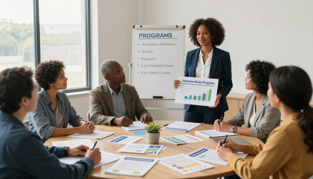 A diverse group of professionals engaging in a community meeting about government assistance programs for low-income homebuyers. In the foreground, a confident Black woman in a smart business suit is presenting to the group, holding a chart showing homeownership statistics. Surrounding her are individuals of different ethnic backgrounds, seated at a circular table covered with brochures and pamphlets about various housing programs. In the middle background, a whiteboard lists key assistance programs like grants and low-interest loans. The environment is warm and inviting, with natural lighting streaming through large windows, creating an atmosphere of hope and collaboration. The overall mood conveys empowerment and support, ideal for fostering community and promoting homeownership opportunities. A diverse group of professionals engaging in a community meeting about government assistance programs for low-income homebuyers. In the foreground, a confident Black woman in a smart business suit is presenting to the group, holding a chart showing homeownership statistics. Surrounding her are individuals of different ethnic backgrounds, seated at a circular table covered with brochures and pamphlets about various housing programs. In the middle background, a whiteboard lists key assistance programs like grants and low-interest loans. The environment is warm and inviting, with natural lighting streaming through large windows, creating an atmosphere of hope and collaboration. The overall mood conveys empowerment and support, ideal for fostering community and promoting homeownership opportunities.