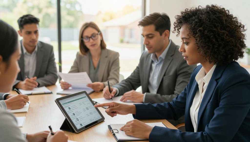 A diverse home buying team gathered around a conference table, deep in discussion. In the foreground, a Black woman in a smart business suit points to a digital tablet showing property listings, while a Hispanic man in a tailored blazer takes notes. In the middle ground, a Caucasian woman with glasses reviews paperwork with focused attention. In the background, a large window reveals a sunny day outside, casting warm, natural light into the room, creating an inviting atmosphere. The scene conveys teamwork and professionalism, with a sense of purpose and collaboration as they assist first-time home buyers. The composition is shot from a slightly elevated angle to capture the dynamics of the group.