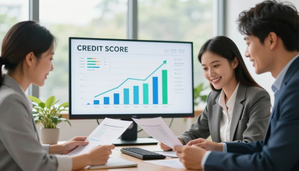 A professional, modern office setting focusing on credit score improvement. In the foreground, a diverse group of three individuals, dressed in business attire, intently reviewing financial documents with smiles, symbolizing teamwork and positivity. The middle of the scene features a large digital screen displaying upward-trending graphs and credit score indicators, enhancing the theme of improvement and success. In the background, soft natural light filters through large windows, creating a bright and optimistic atmosphere. The overall color palette is warm, with greens and blues representing financial growth and stability. Capture the image from a slight angle to emphasize the dynamic interaction among the subjects and their engagement with the screen.