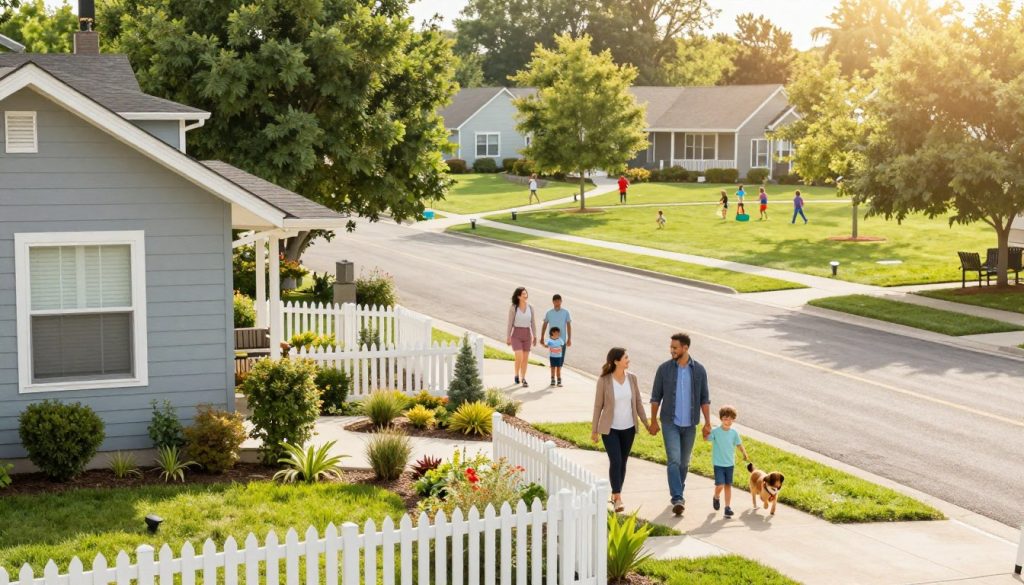 A vibrant, inviting scene of an affordable neighborhood in the foreground, featuring charming, modest single-family homes with well-kept gardens and picket fences. In the middle ground, include families engaging happily, such as a couple walking with children and a dog, showcasing a sense of community. The background should feature tree-lined streets and a community park with children playing, signifying a friendly atmosphere. Use soft, warm morning light to create an inviting mood, with a slight lens flare to enhance the warmth. Capture the scene from a slightly elevated angle to provide a panoramic view of the neighborhood, emphasizing its accessibility and charm. Ensure all individuals are dressed in professional casual attire, reflecting the everyday life of families looking for budget-friendly housing. A vibrant, inviting scene of an affordable neighborhood in the foreground, featuring charming, modest single-family homes with well-kept gardens and picket fences. In the middle ground, include families engaging happily, such as a couple walking with children and a dog, showcasing a sense of community. The background should feature tree-lined streets and a community park with children playing, signifying a friendly atmosphere. Use soft, warm morning light to create an inviting mood, with a slight lens flare to enhance the warmth. Capture the scene from a slightly elevated angle to provide a panoramic view of the neighborhood, emphasizing its accessibility and charm. Ensure all individuals are dressed in professional casual attire, reflecting the everyday life of families looking for budget-friendly housing.