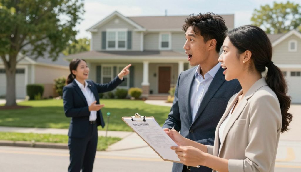 A vibrant scene depicting a diverse couple, dressed in professional business attire, standing in front of a charming suburban home, excitedly discussing the house-buying process. In the foreground, the couple is holding a clipboard with notes, while pointing at the house and enthusiastic expressions on their faces. In the middle ground, a real estate agent gestures towards the home with a friendly smile, representing guidance. In the background, a tree-lined street with other beautiful houses creates a welcoming atmosphere. The setting is bright and sunny, with soft, natural lighting that enhances the warmth of the scene. The image should evoke a feeling of anticipation and optimism, capturing the essence of the house-hunting journey.