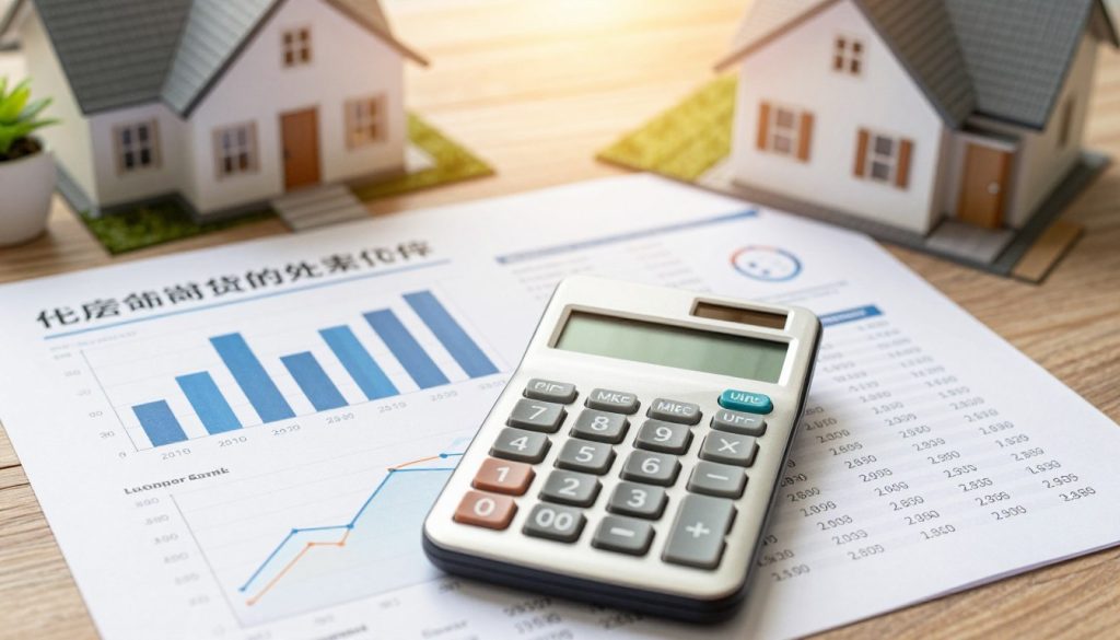 A visually engaging comparison chart displaying various home loan interest rates, prominently featuring a calculator in the foreground surrounded by numerical data. The middle layer includes graphical representations such as bar graphs and line charts, with soft gradients indicating different rates across banks. In the background, a blurred image of a cozy home symbolizes the dream of homeownership. The lighting is warm and inviting, creating a sense of optimism and clarity, reminiscent of a bright afternoon. The photograph should be taken from a slight overhead angle to capture the entire scene, emphasizing an organized and professional aesthetic. Overall, the mood reflects careful consideration and financial planning, appealing to potential homebuyers. A visually engaging comparison chart displaying various home loan interest rates, prominently featuring a calculator in the foreground surrounded by numerical data. The middle layer includes graphical representations such as bar graphs and line charts, with soft gradients indicating different rates across banks. In the background, a blurred image of a cozy home symbolizes the dream of homeownership. The lighting is warm and inviting, creating a sense of optimism and clarity, reminiscent of a bright afternoon. The photograph should be taken from a slight overhead angle to capture the entire scene, emphasizing an organized and professional aesthetic. Overall, the mood reflects careful consideration and financial planning, appealing to potential homebuyers.