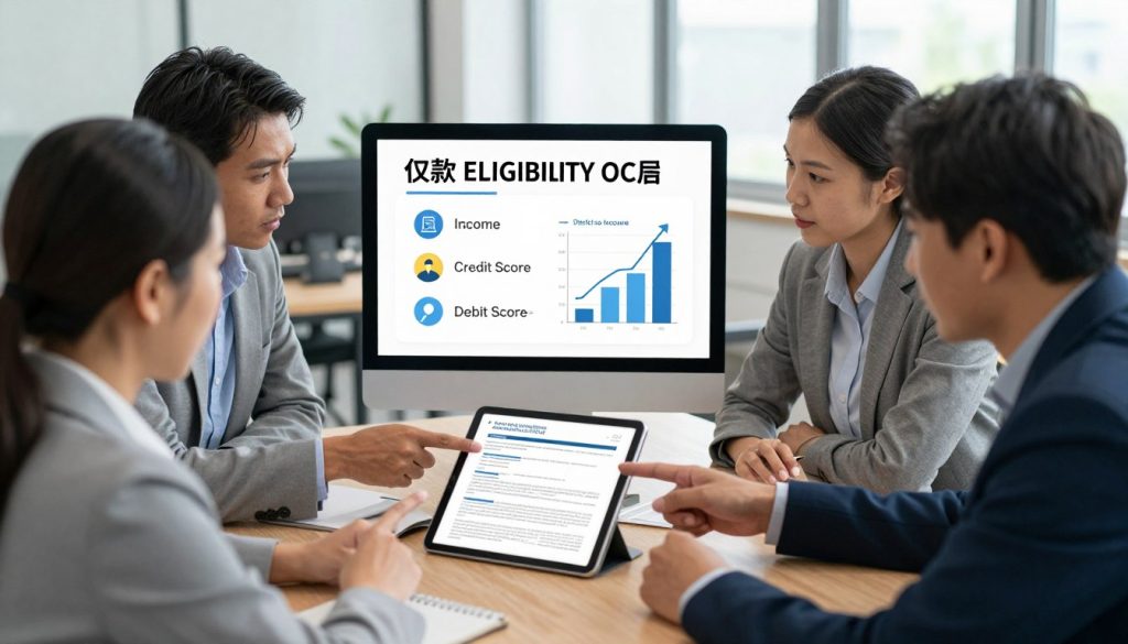 A visually engaging representation of loan eligibility criteria, focusing on key aspects like income verification, credit score, employment stability, and debt-to-income ratio. In the foreground, a diverse group of professional individuals—two men and two women of varying ethnicities, dressed in business attire—are engaged in a discussion, pointing at a digital tablet displaying financial documents. In the middle, a large chart showcasing loan eligibility factors, with icons for income, credit score, and debt ratio, enhancing comprehension. The background features an office setting with modern furniture and large windows letting in soft, natural light. The mood is informative and collaborative, suggesting a serious yet approachable atmosphere. Capture the scene from a slightly elevated angle to provide a comprehensive view.