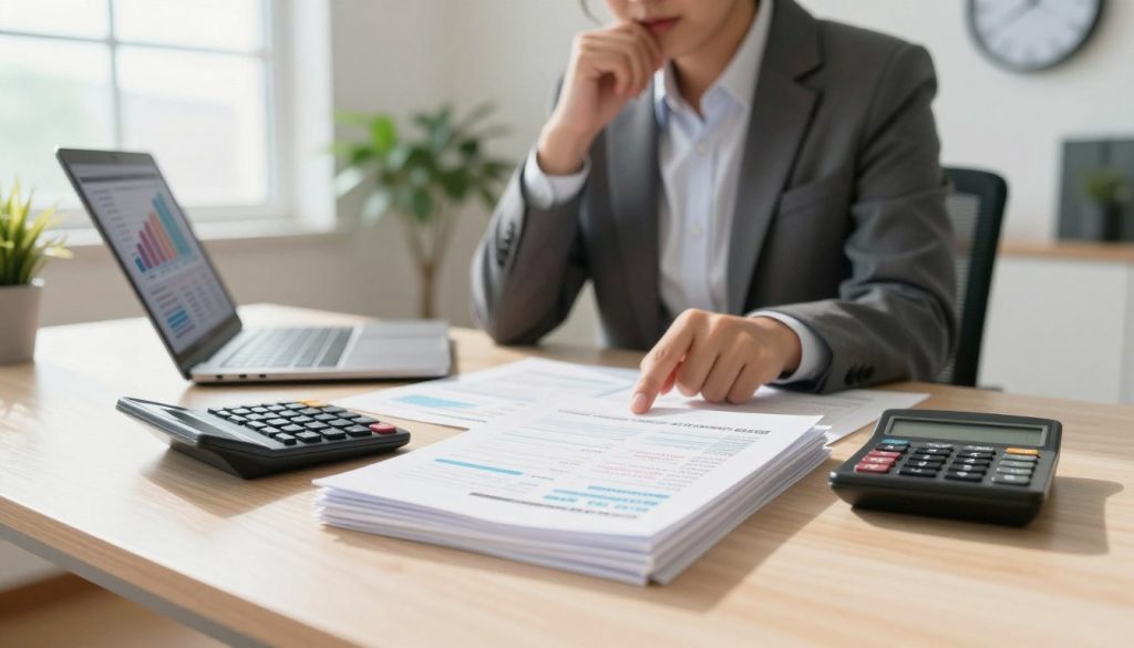 A visually engaging tableau illustrating a mortgage rate comparison scenario. In the foreground, a modern, elegant table displays stacked documents and a calculator, with a partially open laptop showing various mortgage rate graphs on its screen. In the middle ground, an individual in professional attire, such as a blazer and dress shirt, thoughtfully examines the information, indicating deep reflection. The background features a bright, airy office space with large windows allowing natural light to flood in, casting soft shadows. A potted plant and a wall clock add a touch of warmth and professionalism to the setting. The mood is focused and informative, emphasizing clarity and understanding of mortgage rate basics.